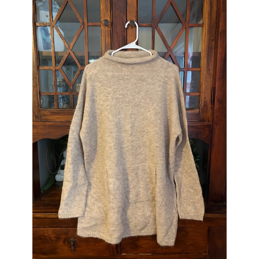 Peruvian Connection Alpaca Blend Oversized Mock Neck Sweater Tan Beige Large